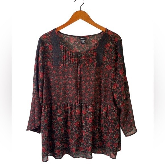 Torrid Dark Floral Print Chiffon Lace Inset Blouse Flare Sleeve Ruffle Tie Neck - Picture 3 of 16